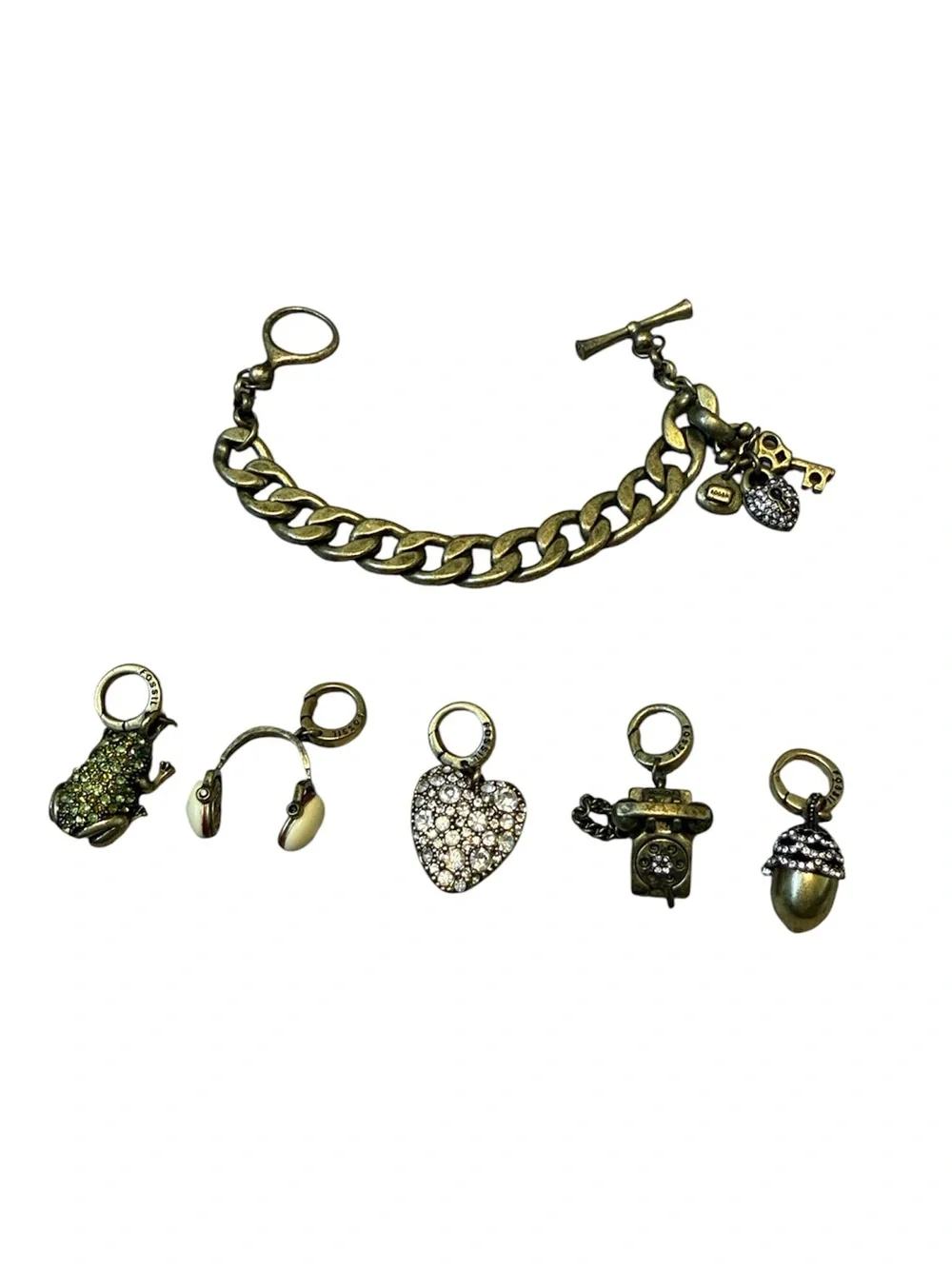Fossil Gold Tone Charm Bracelet 5 Charms Toggle Metal Retired